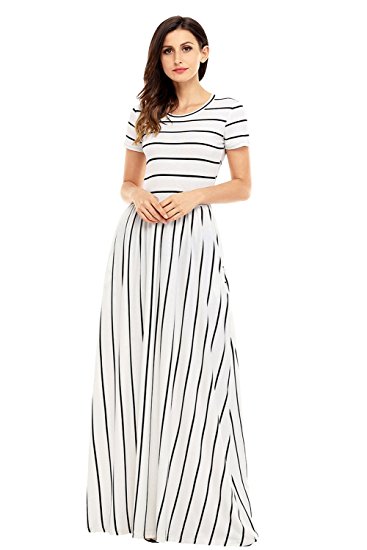Lovezesent Women's Striped Round Neck Short Sleeve Maxi Summer Casual Dress