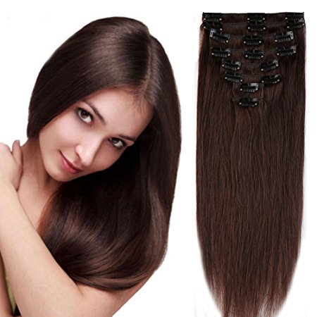 100% Real Remy Clip in Hair Extensions 16-22inch Grade AAAAA Natural Hair Full Head Standard Weft 8 Pieces 18 Clips Long Smooth Soft Silky Straight for Women Fashion (22" /22 inch 80g,#2 dark brown )