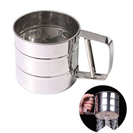 Chengor Baking Stainless Steel Shaker Sieve Cup Mesh Crank Flour Sifter with Measuring Scale Mark for Flour Icing Sugar