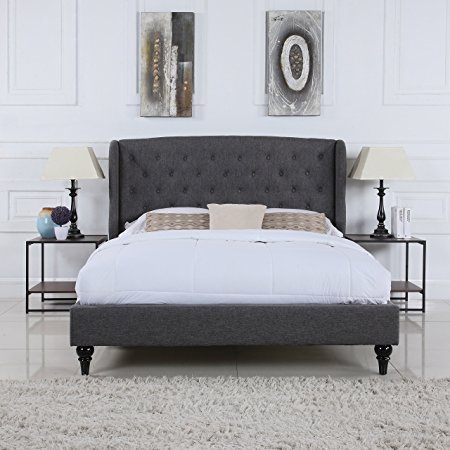 Classic Dark Grey Box-Tufted Shelter Bed Frame (Queen)
