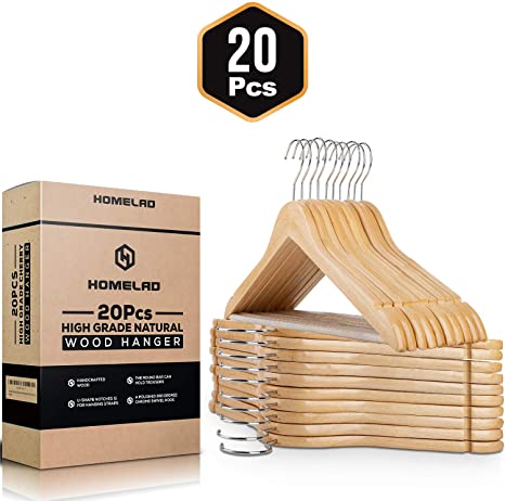 Solid Natural Wood Hangers 20 Pack - High Grade Wooden Suit Hanger with Non Slip Pant Bar. 360° Swivel Hook and Smooth Cut Notches for Camisole, Jacket, Pant, Dress Clothes Hangers