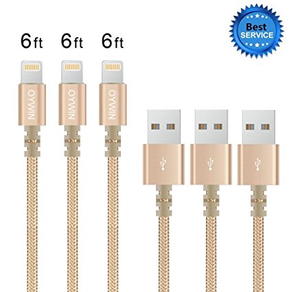 Lightning cable, OYWIN 3Pack 6FT Nylon Braided Lightning to USB iPhone Charger Cord with Aluminum Connector for iPhone 7/7 Plus/6s/6s Plus/6/6Plus/5s/5c/5, iPad/iPod (Gold)