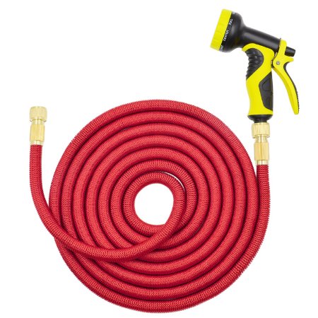 50-Feet Expandable Garden Hose with 1/2 Inch & 3/4 Inch Faucet Coupling, 9-setting Switchable Nozzle & Double-Layer Strengthened Latex Inner Tube (Red, 2nd generation 2016 Design)