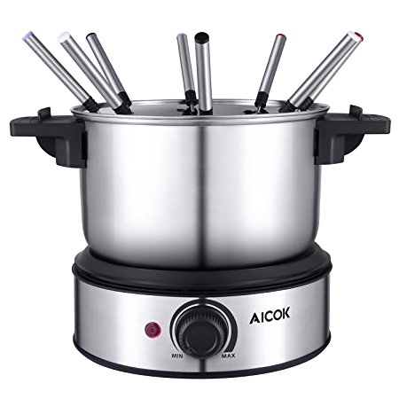 Aicok Electric Fondue Set Stainless Steel Fondue Pot Available As Hot Pot, Melting Pot for Cheese Chocolate, with 8 Forks and Fork Holder, 1.4L, 1500W
