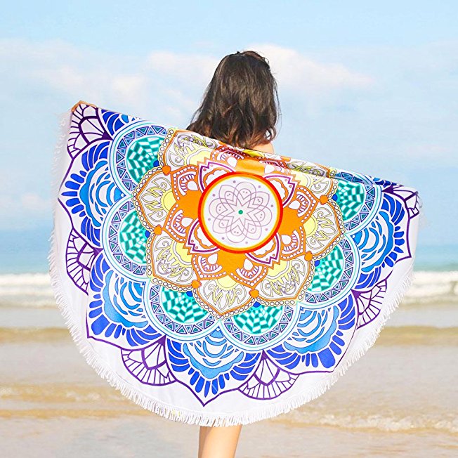 Round Beach Towel Tassel Towel - GreForest Microfiber Napping Surface Colorized Lotus Flower Towels Circle Towel Eye-catching Beach / Daily Wrap Shawl For Decoration, Leisure, Picnic Mat, Tablecloth