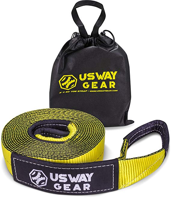 USWAY GEAR 3" x 20' Tow Strap - 30.000 LBS (15 US TON) Rated Capacity Heavy Duty Vehicle Tow Strap with Reinforced Loops   Protective Sleeves   Storage Bag | Emergency Towing Rope for Recovery