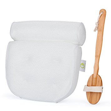 Comfy Mee Non Slip Luxury Spa Bath Pillow with 4 Large Suction Cups , Anti-Bacterial,Quick Drying, Large Size Bathtub Pillow, 14"x13"x4",Bonus With Long Handle Bamboo Bath Brush(Extra Large)