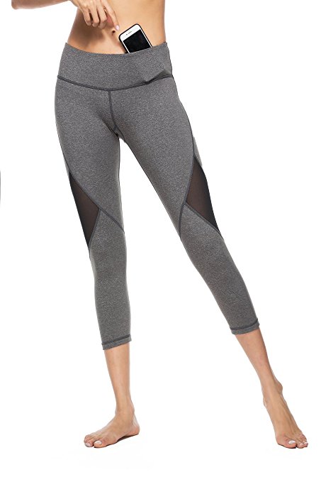 Womens Yoga Pants Capri Mesh Legging Exercise Fitness Spandex Activewear Pants with Pocket