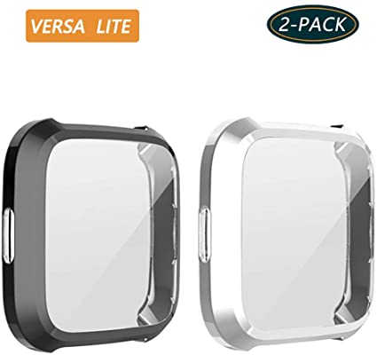 (2-Pack) KPYJA for Fitbit Versa Lite Edition Screen Protector Case, TPU Plated Case All-Around Protective Screen Full Cover Bumper Compatible Fitbit Versa Lite Edition Smartwatch (Black/Silver)