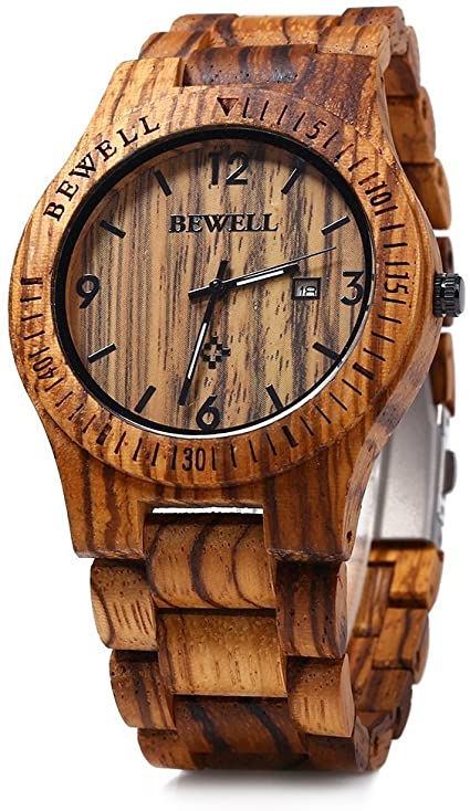 Bewell W086B Mens Wooden Watch Analog Quartz Lightweight Handmade Casual Wood Wrist Watch