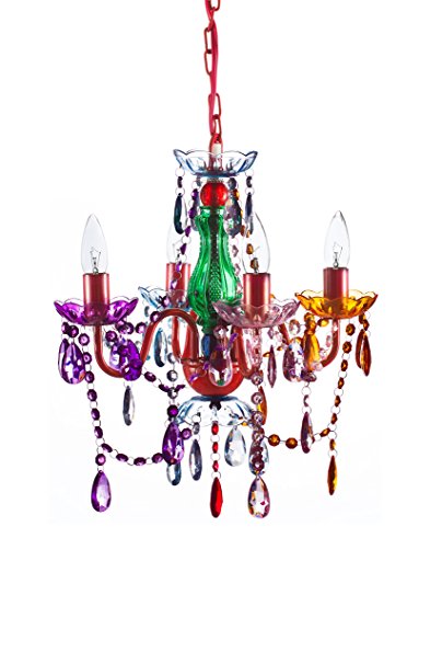 The Original Gypsy Color 4 Light Small Gypsy Chandelier H18" W15", Red Metal Frame with Multi Color Crystals