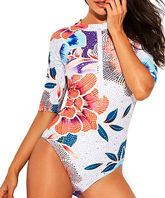Women UV Sun Protection Long Sleeve Rash Guard Wetsuit Swimsuit One Piece Floral Printed Swimwear