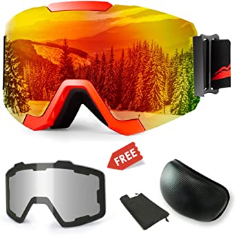 WLZP Ski Goggles, Anti-fog UV Protection Winter Snow Sports Snowboard Goggles with Interchangeable Spherical Dual Lens for Men Women & Youth Snowmobile Skiing Skating