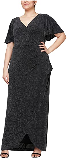 Alex Evenings Women's Plus Size Long Flutter Sleeve Dress with Tulip Overlay Skirt