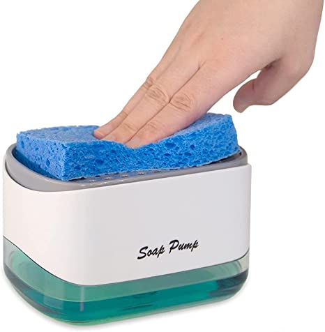 Grand Fusion 2-in-1 Soap Dispensing Kitchen Sponge Pump Caddy. Automatically Load Dish Scrubbers or Brushes with Liquid Soap For Dishwashing by Hand. Easy to Refill, Raised Tray Dries Sponges Quickly