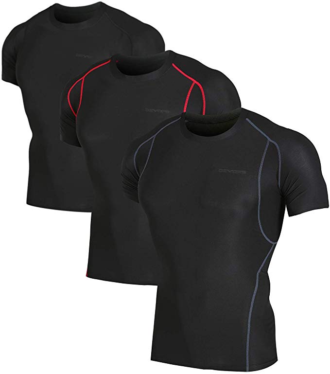 DEVOPS Men's 3 Pack Cool Dry Athletic Compression Short Sleeve Baselayer Workout T-Shirts