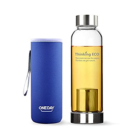 Inf-way Oneday Borosilicate Glass Water Bottle with Colors Nylone Potholder Sleeves&Steel Lids Eco-friendly & BPA-free Camping Outdoor Non-leak Water Glass Bottle