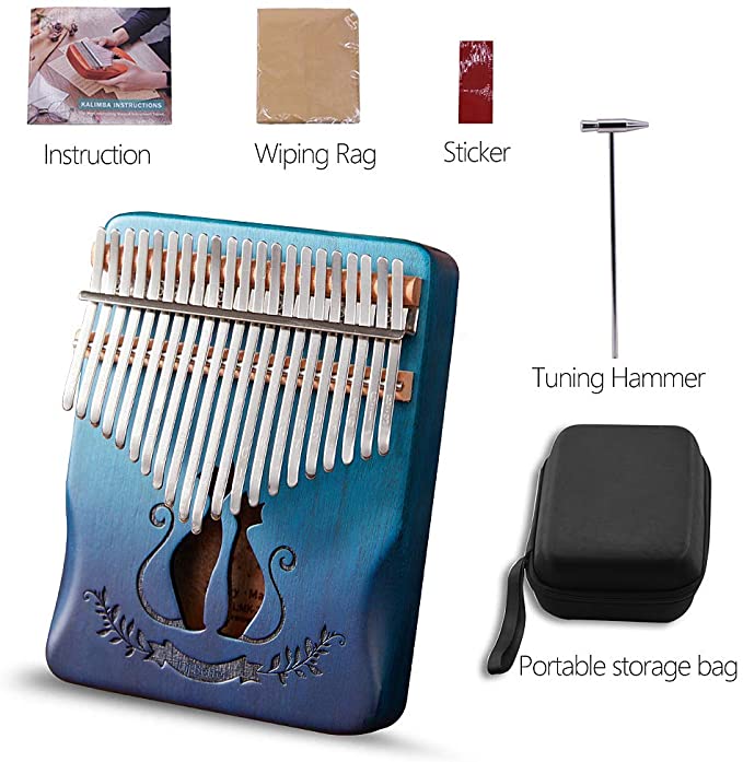 21 Keys Kalimba Thumb Piano with Study Instruction and Tune Hammer, Portable African Wood Finger Pianos Gift for Kids Adult Beginners Professional(Easy to learn,Audio Stickers）
