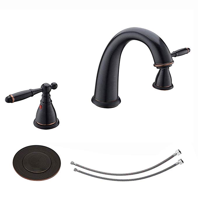 KINGO HOME Commercial Solid Brass Lavatory Three Holes Widespread Two Handle Oil Rubbed Bronze Bathroom Faucets, Bathroom Sink Faucet with Pop Up Drian & Water Supply Hoses