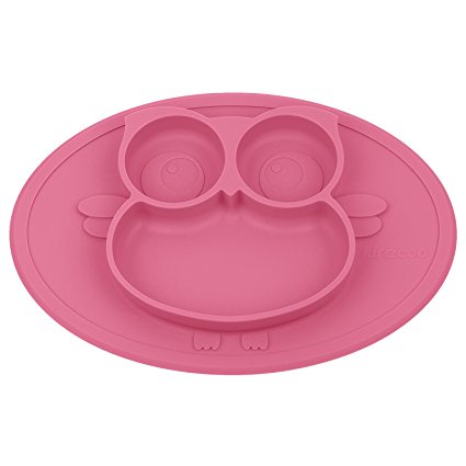 Kirecoo Babies Highchair Feeding Tray Round Silicone Suction Owl Placemat for Children, Kids, Toddlers,Kitchen Dining Table with Built in Plate and Bowl (Pink)