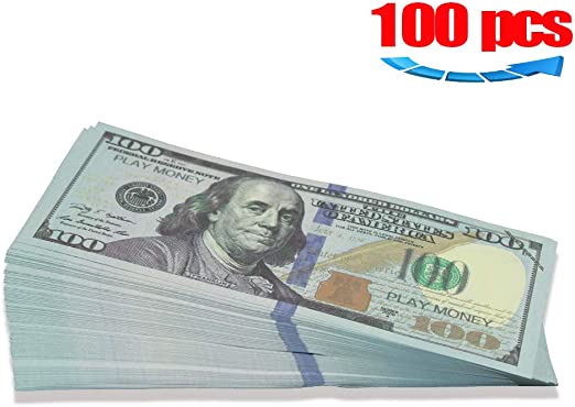 Movie Prop Play Money 10000 Full Print 2 Sided,100 pcs 100 Dollar Bills Stack,Copy Money for Movies,Videos,Fun,Teaching and Birthday Party
