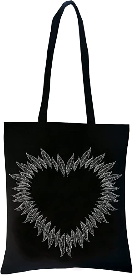 PREMYO Reusable Shopping Bag Cotton Tote Long Handled Easy to Carry Over the Shoulder Quote Print Heart Feather Birthday Present Gift Black Canvas