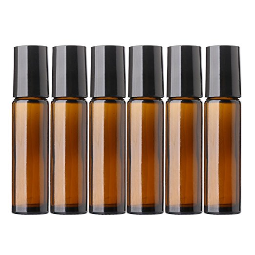 Aguder Essential Oils Roller Bottles, 6 Pack 10ml (1/3 oz) Amber Glass Roll on Bottle with Stainless Steel Roller Balls Useful for Aromatherapy Perfumes and Lip Balms