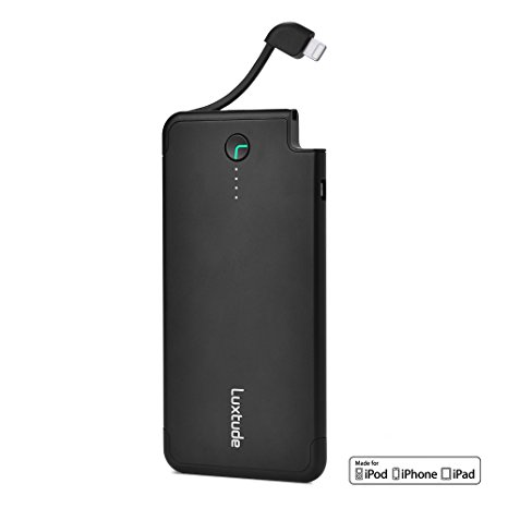 Luxtude 5000mAh Portable iPhone Charger, One of the Most Safe and Slim Power Bank with Built in Lightning Cable External iPhone Battery Charger For iPhone X / 8/ 8 Plus / 7 / 7 Plus / 6 / 6S (Black)