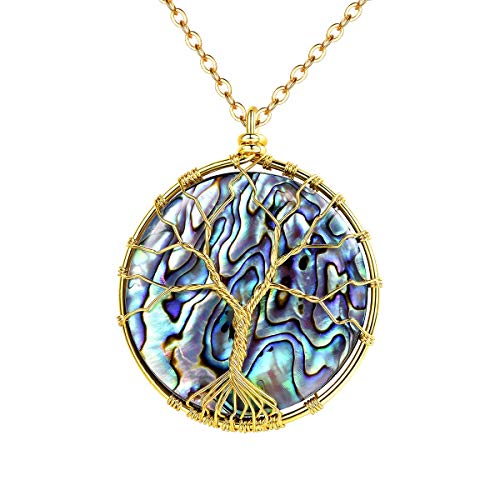 FOCALOOK Tumbled Gemstone Tree of Life Abalone Shell Stainless Steel Wire Wrapped Gold Necklace for Women