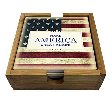 Make America Great Again Deluxe Four Coaster Set Sandstone and Bamboo Holder