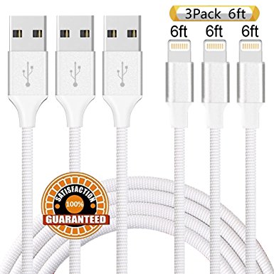 Suanna Lightning Cable, 3Pack 6FT Certified Nylon Braided Cord iPhone Cable Certified to USB Charging Cable for iPhone 7, 7 Plus, 6S, 6 , SE, 5S, 5, iPad Air/Mini, iPod Nano 7 (White)