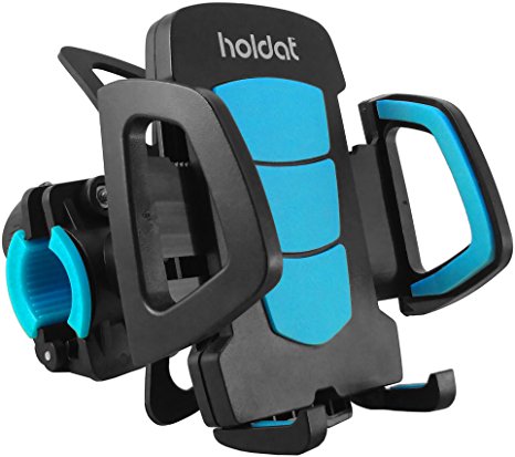 HOLDAT Bike Phone Holder Handlebar Mount - Universal Clamp - Rubber Strap - Phone Holder for Bicycle, Motorbike, Stroller, Treadmill - Compatible with any Handlebar - 360 Degrees Swivel Rotation - One Button Release - Easy to Install and Remove - Compatible with iPhone 6S/ 6s Plus/ 6/ 6 Plus/5 S/ 5C/ SE, Samsung Galaxy S5/ S6/ S6 Edge/ S7/ S8 Edge, Galaxy Note, Nexus, HTC, LG, Huawei, Sony and all other Smartphones