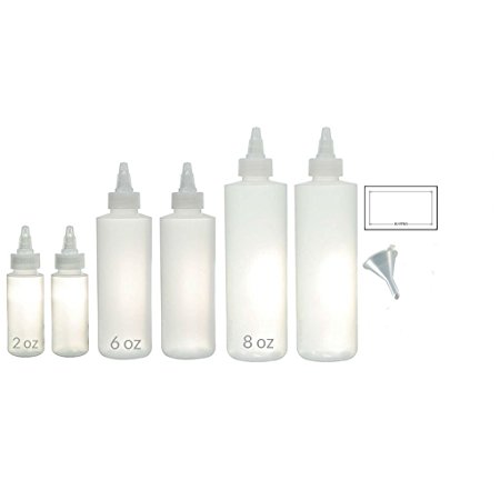 Twist Top Spout Natural Clear Refillable (BPA Free) Plastic Squeeze Bottle Set (6 pack) 2 oz, 6 oz, 8 oz   Funnel and Labels