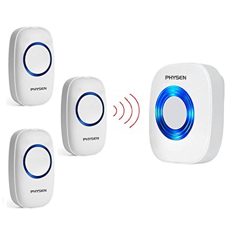 PHYSEN Model CW Wireless Doorbell kit with 3 Push Buttons and 1 Plug-in Receiver Operating Range up to 1000ft,4 Volume Levels and 52 Melodies Doorbell Chimes,No Batteries Required for Receiver