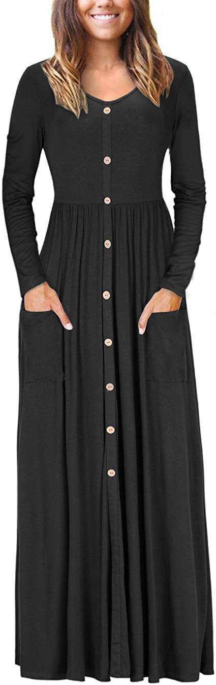VOTEPRETTY Women's V Neck Long Sleeve Casual Loose Button Maxi Dress with Pockets