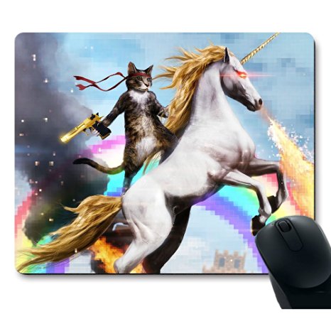 Funny Cute Cat Dressed as Rambo with Gun Riding a Glowing Red Eyes Fire Breathing Unicorn Mouse Pad