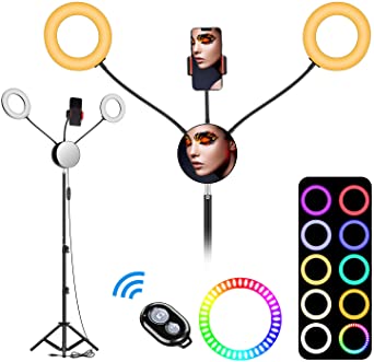 6.6" RGB Selfie Ring Light, Double LED Ringlight 3200-6500K with Mirror & Tripod Stand for Live Stream/Make Up/YouTube/TikTok/Photography/Video Recording Compatible with iPhone & Android Phone