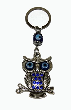 Blue Evil Eye Owl on Branch Key Ring Key Chain Protection
