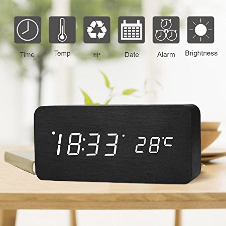 Wooden Digital Alarm Clock, SHEJIZE LED Desk Travel Mute Alarm Clock with Time Temperature and Sound Control (Black)