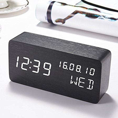 Alarm Clock Wood LED Digital , Sentai Displays Time Date Week & Temperature Desk Clock with 3 Brightness Adjustable, 3 Set of Alarm. Voice Control,Power by Batteries or USB Charger Travel Clock-Black