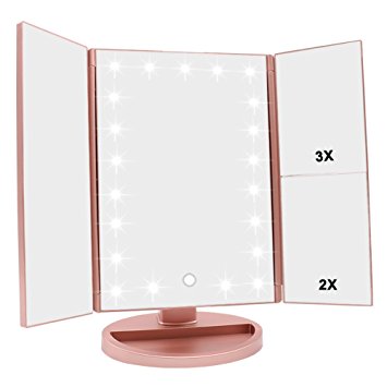 WEILY Lighted Makeup Mirror, Tri-fold Vanity Mirror with 1X/2X/3X Magnification Mirrors, 21 Natural LED Nights and Touch Screen, Chargeable Travel Cosmetic Mirror for Desktop (Rose Gold)