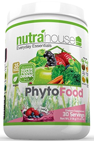Greens SuperFood Powder Drink Mix with Chia Seeds and over 15 Super Foods. Delicious Berry Flavor and Loaded with Dark Greens, Wild Fruits, Fiber, Digestive Enzymes, Probiotics, Antioxidants, and Vitamins. PhytoFood 30 Servings by NutraHouse
