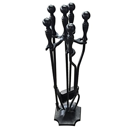 Rustic Fireplace Tools 5 Pieces Wrought Iron Tool Set Fireset Firepit Fire Place Pit Poker Wood Stove Log Tongs Holder Tools Kit Sets with Handles Black Fireplaces Hearth Decor Accessories