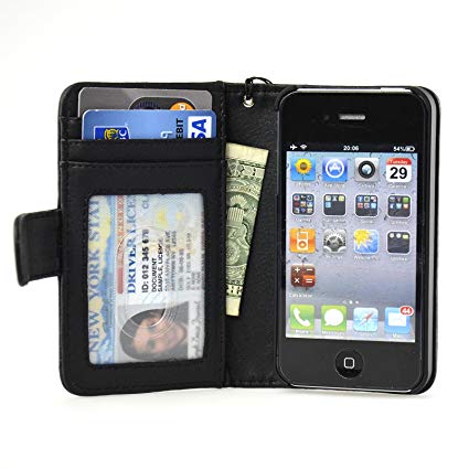 Navor Folio Wallet Case for iPhone 4 4S Pockets for Cards & Money, Clear Window Slot for License ID ( Black )