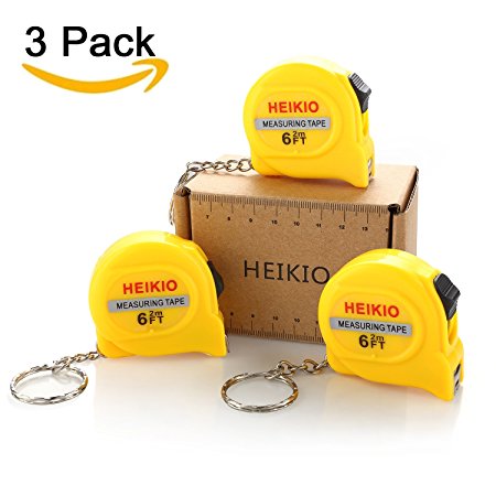 3-Pack Measuring Tape 6FT/2M by HEIKIO, with Belt Clip and Key Chain, Accurate Metric and Inch Scale, Clear Mark for DIY and Daily Family Use - Locking Mini Tape Measure 17001