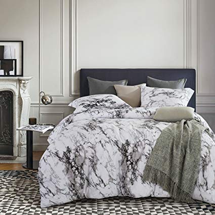 Wake In Cloud - Marble Comforter Set Queen, 3-Piece Gray Grey Black and White Pattern Printed, Soft Microfiber Bedding (3pcs, Queen Size)