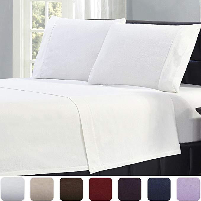 Mellanni 100% Cotton 4 Piece Flannel Sheets Set - Deep Pocket - Warm - Super Soft - Breathable Bedding (King, White)