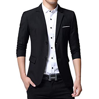 Pishon Men's Slim Fit Suits Casual One Button Flap Pockets Solid Blazer Jacket