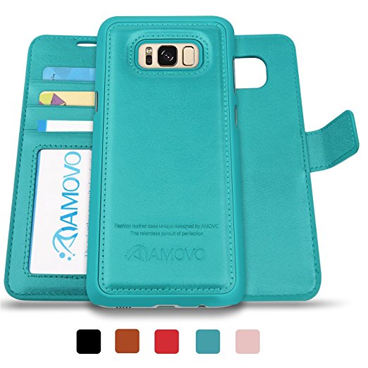 AMOVO Galaxy S8 Leather Case, Samsung Galaxy S8 Wallet Case [Detachable flip] [Gift Box Package] Folio Cover for Samsung S8 (Galaxy S8, Aqua)