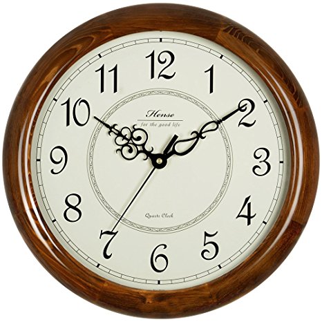 HENSE Retro Vintage Living Room Decorative Round Wall Clocks Concise 14-inch Mute Silent Quartz Movement Kitchen Decoration Wall Clock with Sweep Second Hand Soild Wood Wall Clock HW18 (Brown)